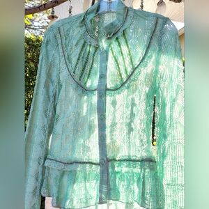 Fairy-Core Vintage Victorian Green Lacey Top M